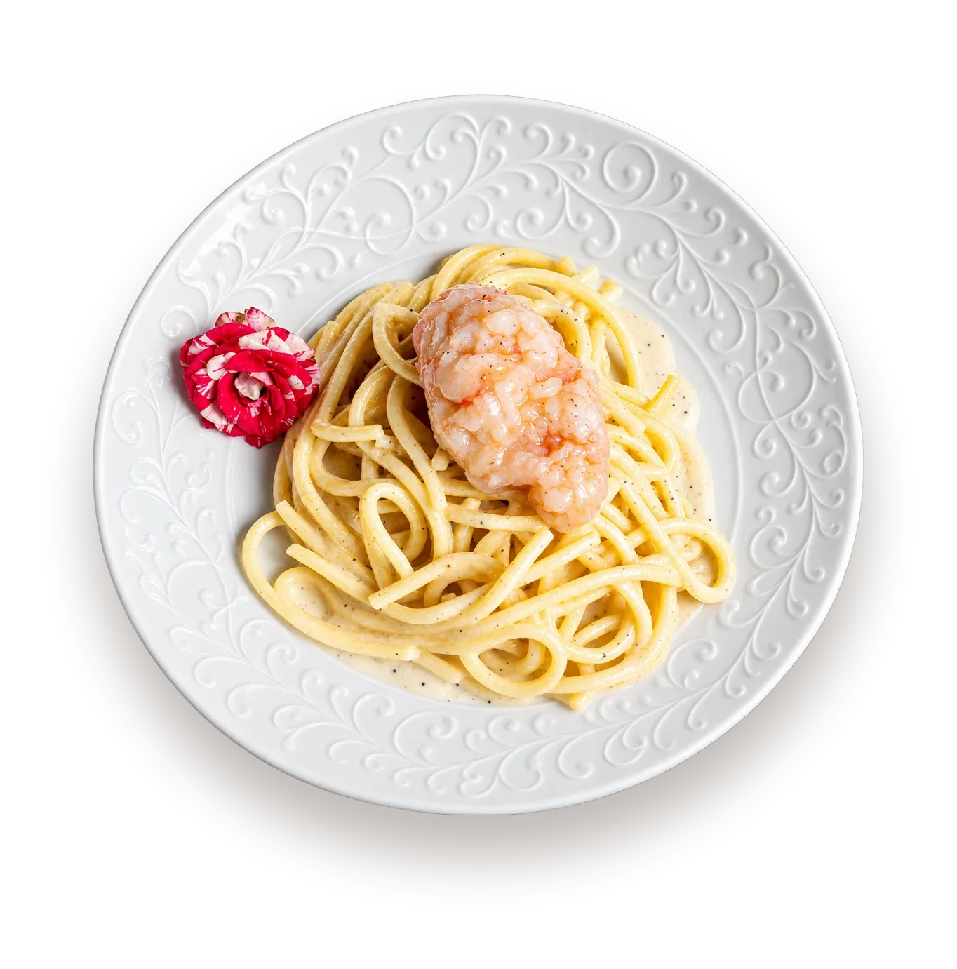 Tonnarelli cacio e pepe con tartare di gamberi
